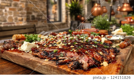 Sizzling Argentine Asado Grill with Various Meats and Accompaniments at a Rustic Venue 124151826