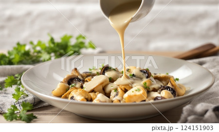 Creamy Finnish mushroom dish being topped with sauce in a rustic kitchen setting 124151903