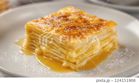 Delicious galaktoboureko dessert served with honey syrup in an elegant setting Delicious galaktoboureko dessert served with honey syrup in an elegant setting 124151908