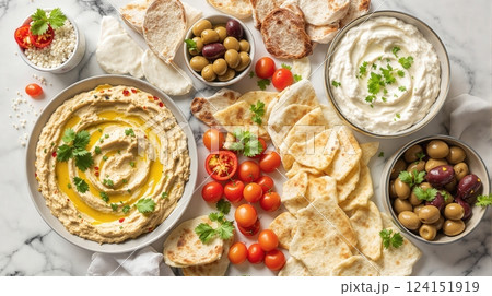 Savor the flavors of a Greek meze platter featuring dips, olives, and fresh vegetables 124151919