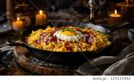 Delicious Swiss Rosti served with crispy bacon and a perfectly cooked egg on a rustic wooden table 124151992
