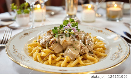 Delicious Swiss Zurcher Geschnetzeltes served on crispy noodles in an elegant dining setting 124151993