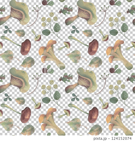Autumn watercolor seamless pattern with mushrooms, leaves, and berries 124152074