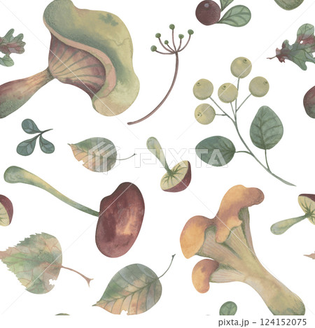 Mushrooms, leaves, and berries in autumn watercolor seamless pattern 124152075
