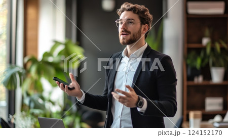 Business professional pitching a project, sleek coworking environment with natural light. Using phone stabilizer 124152170