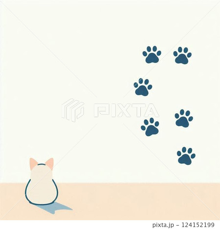 ちょこんと座る猫の後ろ姿と、不思議な青い足跡 ちょこんと座る猫の後ろ姿と、不思議な青い足跡 124152199