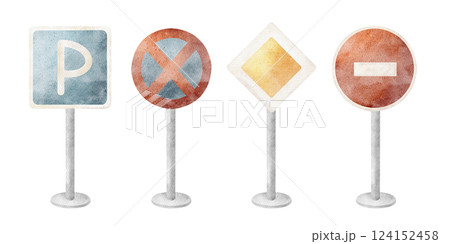 Watercolor set of road signs, parking sign, prohibiting entry and stopping, symbols main way. Hand drawn illustrations on isolated background for design of cards traffic rules, material for children Watercolor set of road signs, parking sign, prohibiting entry and stopping, symbols main way. Hand drawn illustrations on isolated background for design of cards traffic rules, material for children 124152458