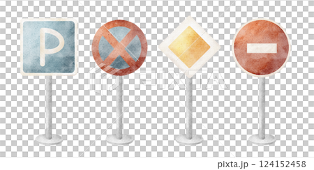 Watercolor set of road signs, parking sign, prohibiting entry and stopping, symbols main way. Hand drawn illustrations on isolated background for design of cards traffic rules, material for children Watercolor set of road signs, parking sign, prohibiting entry and stopping, symbols main way. Hand drawn illustrations on isolated background for design of cards traffic rules, material for children 124152458