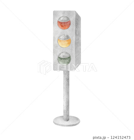 Watercolor traffic light sign red yellow green color traffic safety rules. Hand drawn illustration isolated on background for design print children's educational books teaching materials wall stickers 124152473
