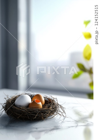 Delicate Bird s Nest with Broken Egg and Two Intact Eggs on Crisp White Surface Nature s Fragility Delicate Bird s Nest with Broken Egg and Two Intact Eggs on Crisp White Surface Nature s Fragility 124152515