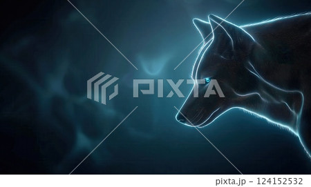 Vibrant Neon Outlined Wolf Silhouette in Dark Void Modern Digital Wildlife Art for Unique Decor 124152532