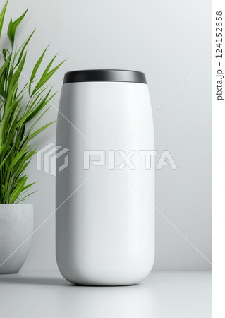 Modern Refillable Eco Friendly Water Bottle Standing Upright on Neutral Grey Surface Sustainable Hydration Solution 124152558