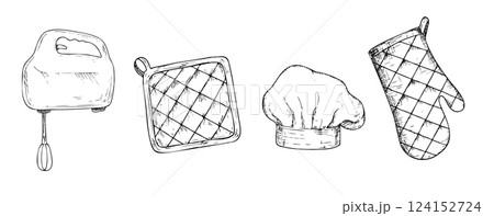 Vector set with hand mixer, pot holders, Chef hat, Glove potholder. Graphic ink Oven Mitt, kitchen tool illustration isolated on background. Hand drawn line sketch. For designers, prints, logo, icon 124152724