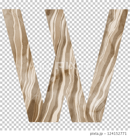 "W" Letter. Watercolor alphabet with wooden texture. Natural font for decorations, postcards, invitations. Perfect for scrapbooking, printing, education, services related to furniture or woodworking. 124152771