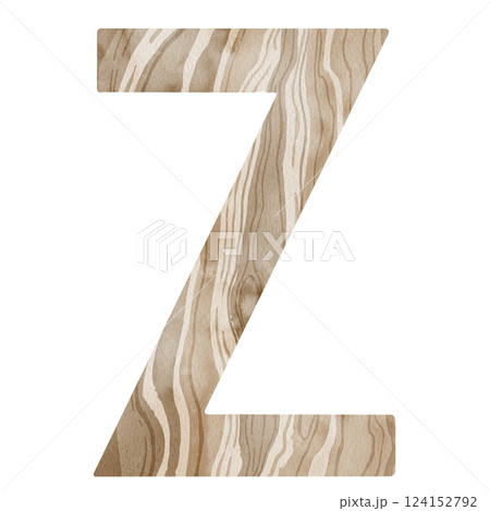 "Z" Letter. Watercolor alphabet with wooden texture. Natural font for decorations, postcards, invitations. Perfect for scrapbooking, printing, education, services related to furniture or woodworking. 124152792