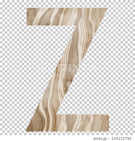 "Z" Letter. Watercolor alphabet with wooden texture. Natural font for decorations, postcards, invitations. Perfect for scrapbooking, printing, education, services related to furniture or woodworking. 124152792