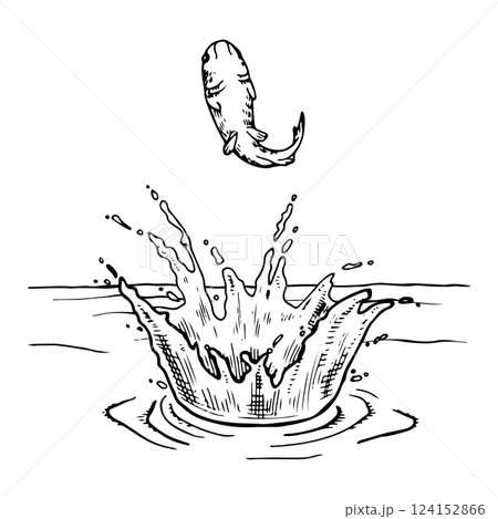 Vector black and white illustration. Hand drawn art on the theme of fish. With a white isolated silhouette on the background Vector black and white illustration. Hand drawn art on the theme of fish. With a white isolated silhouette on the background 124152866