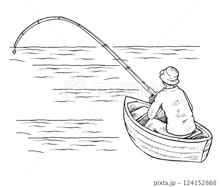 Vector black and white illustration. Hand drawn art on the theme of fish. With a white isolated silhouette on the background 124152868