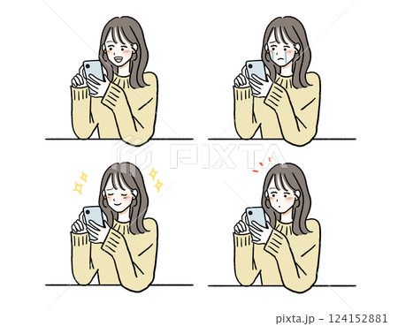 スマホを操作する女性・様々な表情セット 124152881