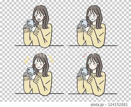 スマホを操作する女性・様々な表情セット 124152881