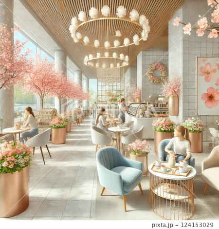 春限定のカフェ｜モダンでスタイリッシュな桜カフェのインテリアデザイン 124153029