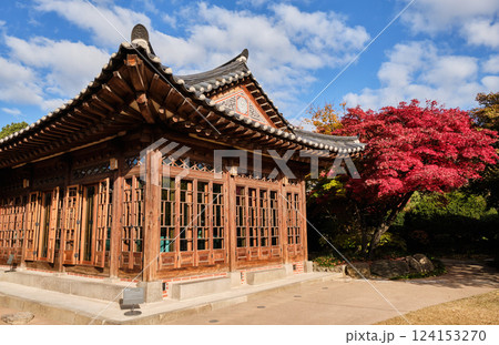 Bukchon Hanok village old traditional Korean architecture district and famous tourist destination in Seoul, South Korea 124153270