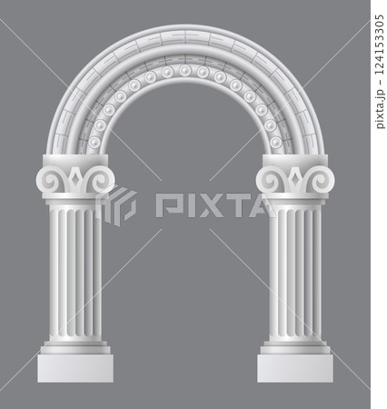 Ancient roman arch. Architectural stone or marble arch. Portal greek castle or luxury facade building entrance with pillars columns. Creative isolated arch design. Vector cartoon illustration 124153305
