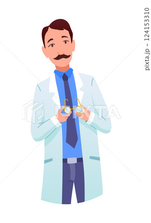 Eyesight diagnostics. Eyes test procedure in hospital. Ophthalmology clinic. Vector cartoon character isolated on white background 124153310