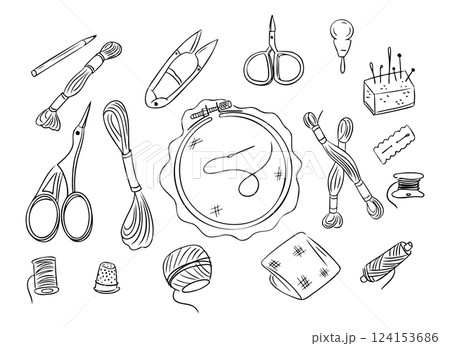 Set with embroidery tools, thread, scissors, 124153686