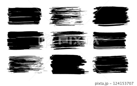 Vector paint brush set. Black ink grunge brush strokes. Grunge design elements. Painted ink stripes. Creative isolated spots. Ink smudge, abstract shape stains and smear set Vector paint brush set. Black ink grunge brush strokes. Grunge design elements. Painted ink stripes. Creative isolated spots. Ink smudge, abstract shape stains and smear set 124153707