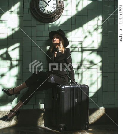 AI generated Elegant businesswoman waiting in train station with luggage and clock 124153973
