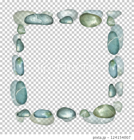 Square frame of sea pebbles and stones, hand-painted in watercolor. Watercolor illustration. Suitable for printing on postcards, for designing invitations and business cards, holiday decor. Square frame of sea pebbles and stones, hand-painted in watercolor. Watercolor illustration. Suitable for printing on postcards, for designing invitations and business cards, holiday decor. 124154007