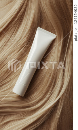 AI generated White shampoo or hair conditioner tube lying on blonde hair 124154020