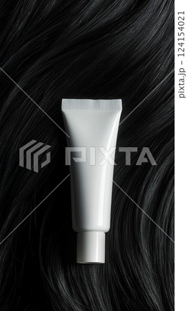 AI generated White shampoo or hair conditioner tube lying on black hair 124154021