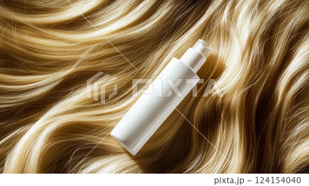 Ai generated white shampoo bottle lying on long blond hair 124154040