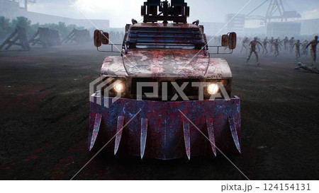 zombie car and walking crowed zombies. Apocalyptic concept. 3d rendering. 124154131