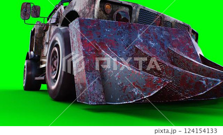 zombie car drives and hits zombies. Apocalyptic concept. Green screen isolate. 3d rendering. 124154133