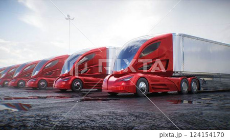 Futuristic electric cargo semi truck in desert stone highway. Futuristic concept. 3d rendering. 124154170