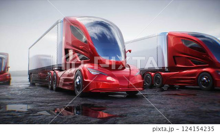 Futuristic electric cargo semi truck in desert stone highway. Futuristic concept. 3d rendering. Futuristic electric cargo semi truck in desert stone highway. Futuristic concept. 3d rendering. 124154235