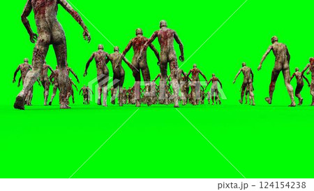 a crowd of walking zombies. green screen. Apocalyptic concept. 3d rendering. 124154238