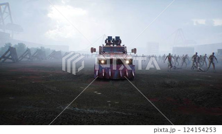 zombie car and walking crowed zombies. Apocalyptic concept. 3d rendering. 124154253