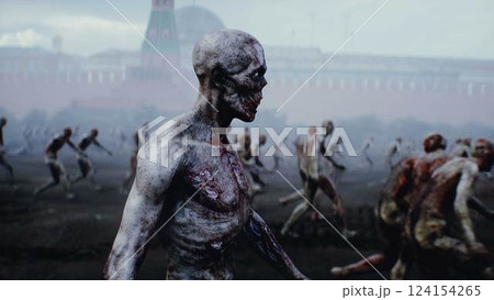 Russia apocalypse. Zombie walks on Red Square, crowd of zombies. Moscow. 3d rendering. 124154265