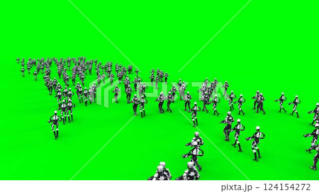 a crowd of walking robots with weapons. green screen.3d rendering. 124154272