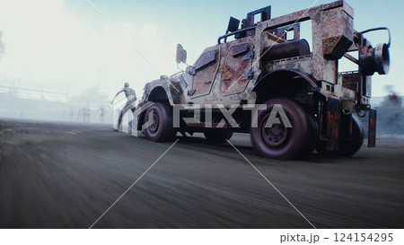 zombie car drives and hits zombies. Apocalyptic concept. 3d rendering. 124154295