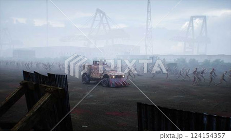 zombie car and walking crowed zombies. Apocalyptic concept. 3d rendering. zombie car and walking crowed zombies. Apocalyptic concept. 3d rendering. 124154357