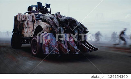 zombie car drives and hits zombies. Apocalyptic concept. 3d rendering. zombie car drives and hits zombies. Apocalyptic concept. 3d rendering. 124154360