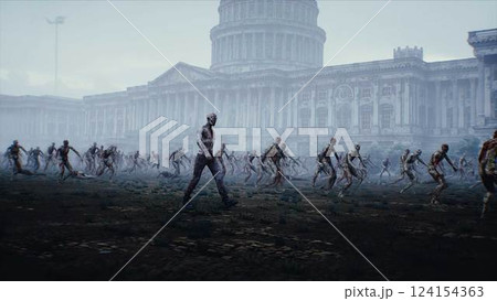 USA, America apocalypse. Zombie walks near Capitol, crowd of zombies. 3d rendering. USA, America apocalypse. Zombie walks near Capitol, crowd of zombies. 3d rendering. 124154363