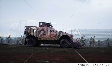 zombie car and walking crowed zombies. Apocalyptic concept. 3d rendering. 124154374