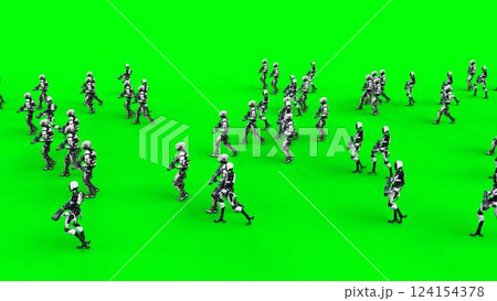 a crowd of walking robots with weapons. green screen.3d rendering. a crowd of walking robots with weapons. green screen.3d rendering. 124154378