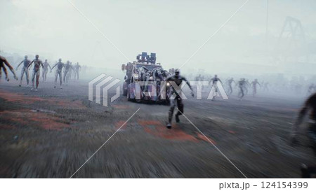 zombie car drives and hits zombies. Apocalyptic concept. 3d rendering. 124154399